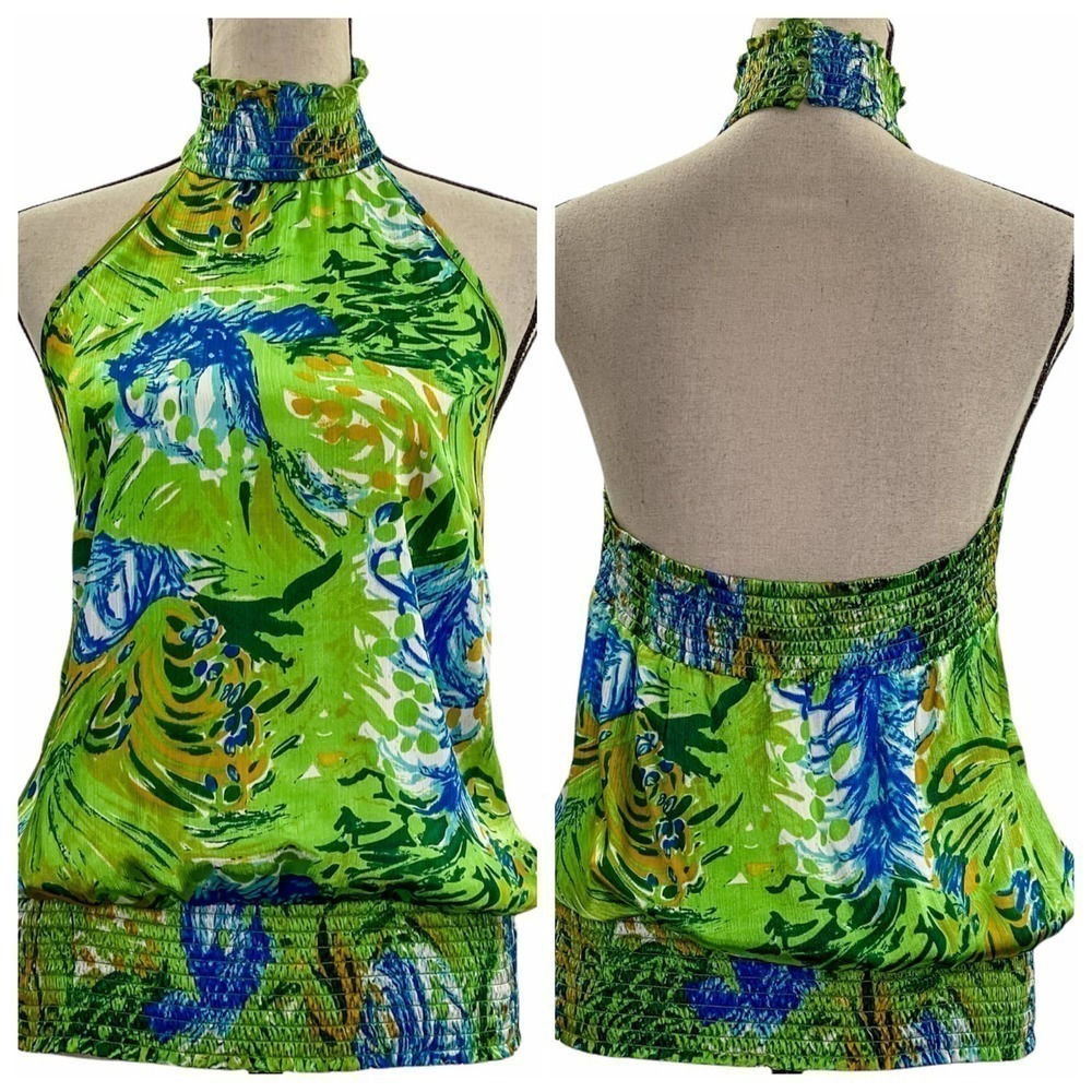 COTTON Express Green Blue Floral Print Open Back Halter Sleeveless Blouse